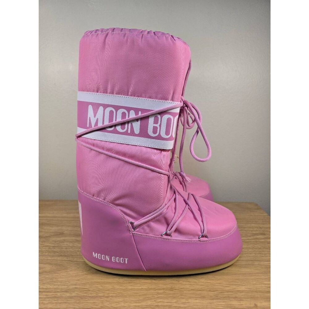 Moon Boot Icon Nylon Pink Women’s Snow Boots Size 12.5 Tall Lace Up Après-Ski